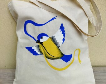 Handmade tote bag canvas bird for women Hand painted Ukraine titmouse reusable grocery bag Ukrainian gifts for girlfriend