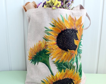 Reusable grocery bag sunflower Linen tote bag for women Hand painted cottagecore bag