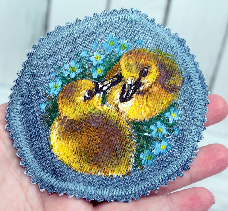 Hand painted duck patch Denim patches birds Upcycled jeans for women