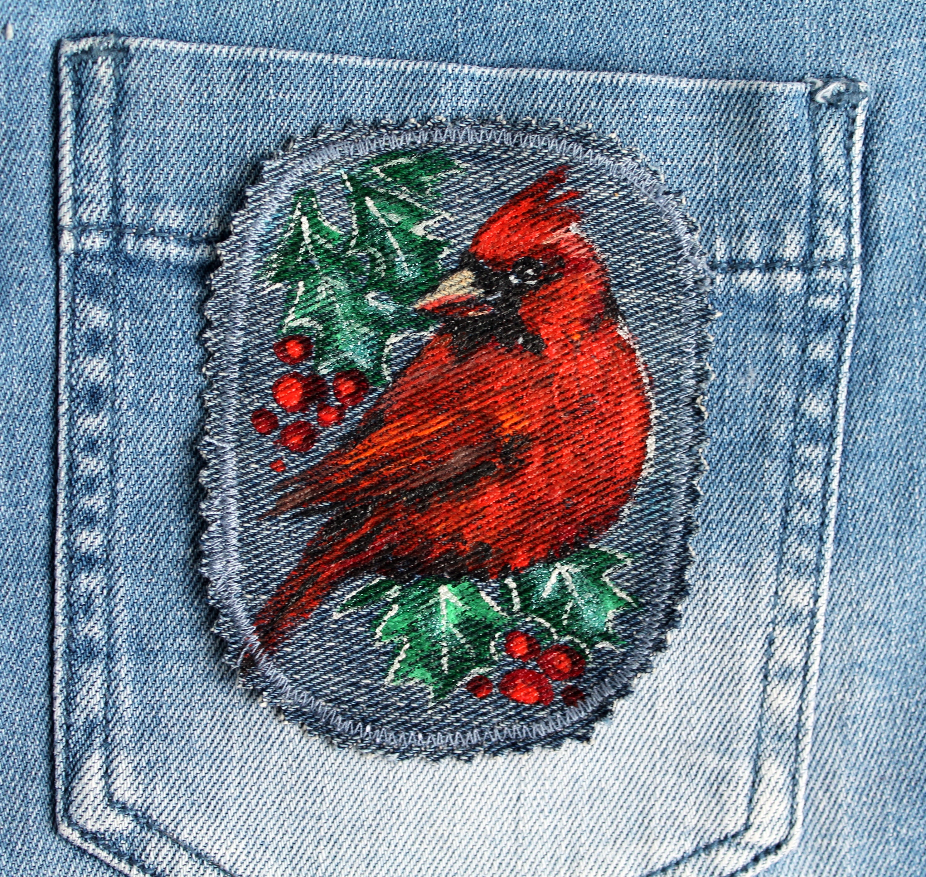 Red Cardinal Patch Denim Patches Birds Upcycled Jeans for Women CUSTOM ...