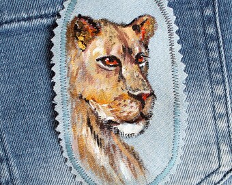 Hand painted lioness patch Denim patches animals Upcycled jeans for women CUSTOM