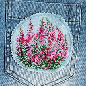 Hand painted fireweed patch Denim patches floral Upcycled jeans for women CUSTOM