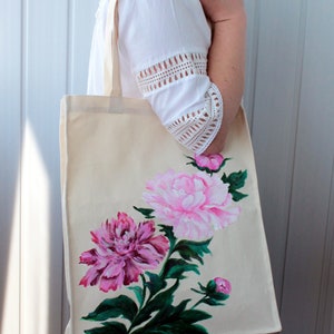 Handmade tote bag canvas for women Hand painted peony reusable grocery bag Mori girl fashion gift CUSTOM image 8