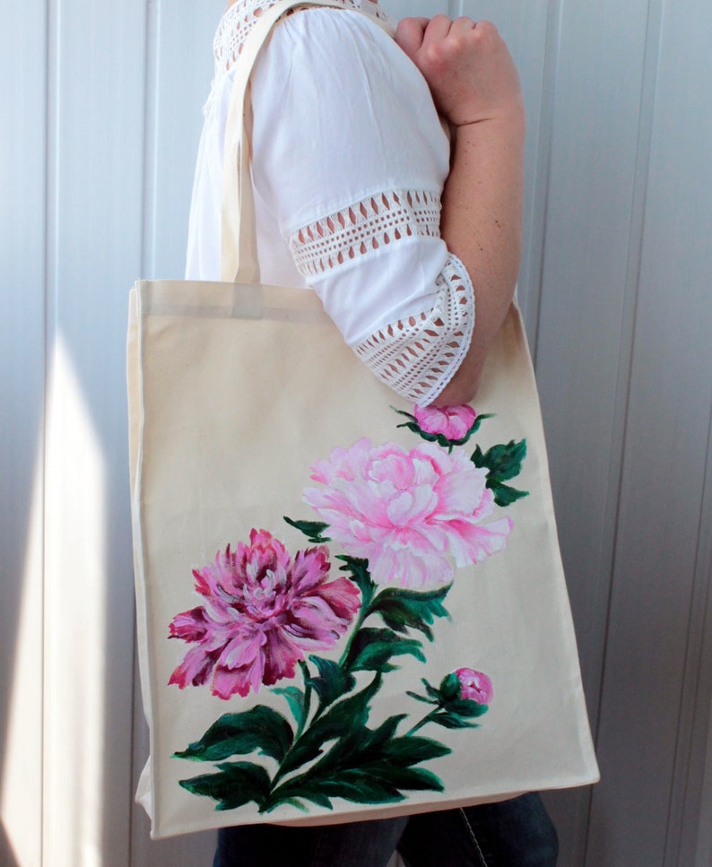 Handmade tote bag canvas for women Hand painted peony reusable grocery bag Mori girl fashion gift CUSTOM image 8