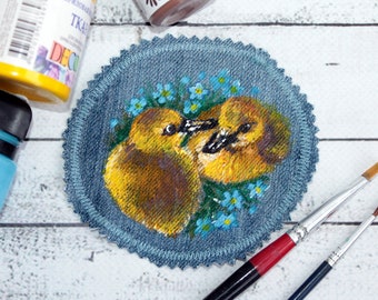 Denim patches birds Hand painted duck patch Upcycled jeans for women Birdwatching gift