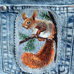 Hand painted squirrel patch Denim patches animal Upcycled jeans for women Cute gift for sister