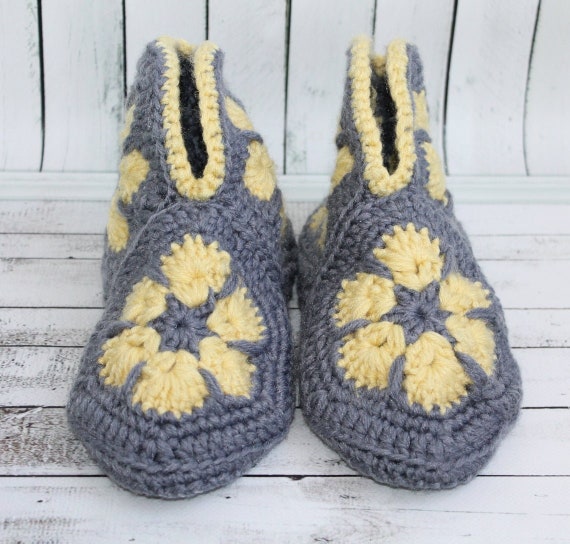 Womens Slipper Boots Grey Yellow Knitted Granny Square Slippers With Sole Cosy Slippers Socks From Recycled Sweaters Etsy