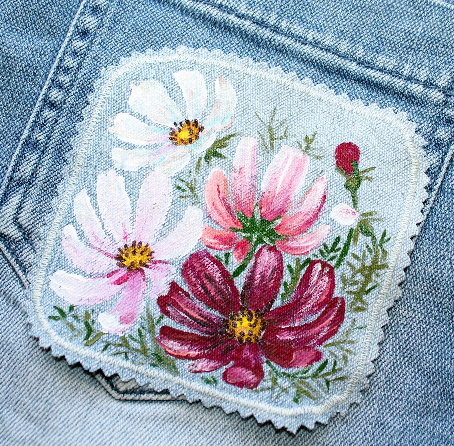 Hand Painted Patch Sew on Cosmos Denim Patches Floral Upcycled Jeans ...