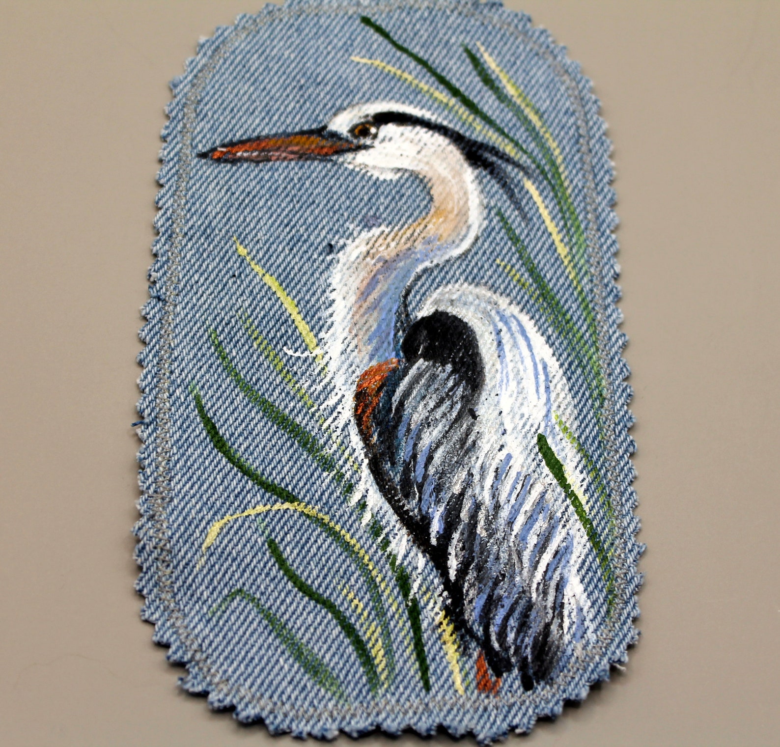 Hand Painted Heron Patch Denim Patches Birds Upcycled Jeans for Women ...