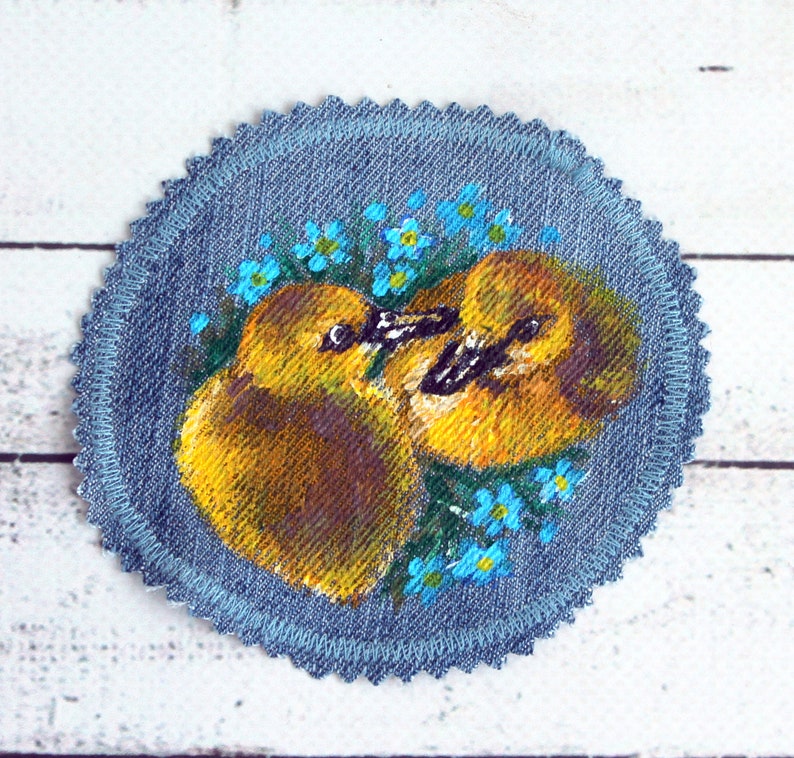 Hand painted duck patch Denim patches birds Upcycled jeans for women
