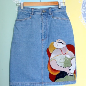 Painted denim skirt Pablo Picasso portrait Sleep Maria Upcycled embellished jeans size 12