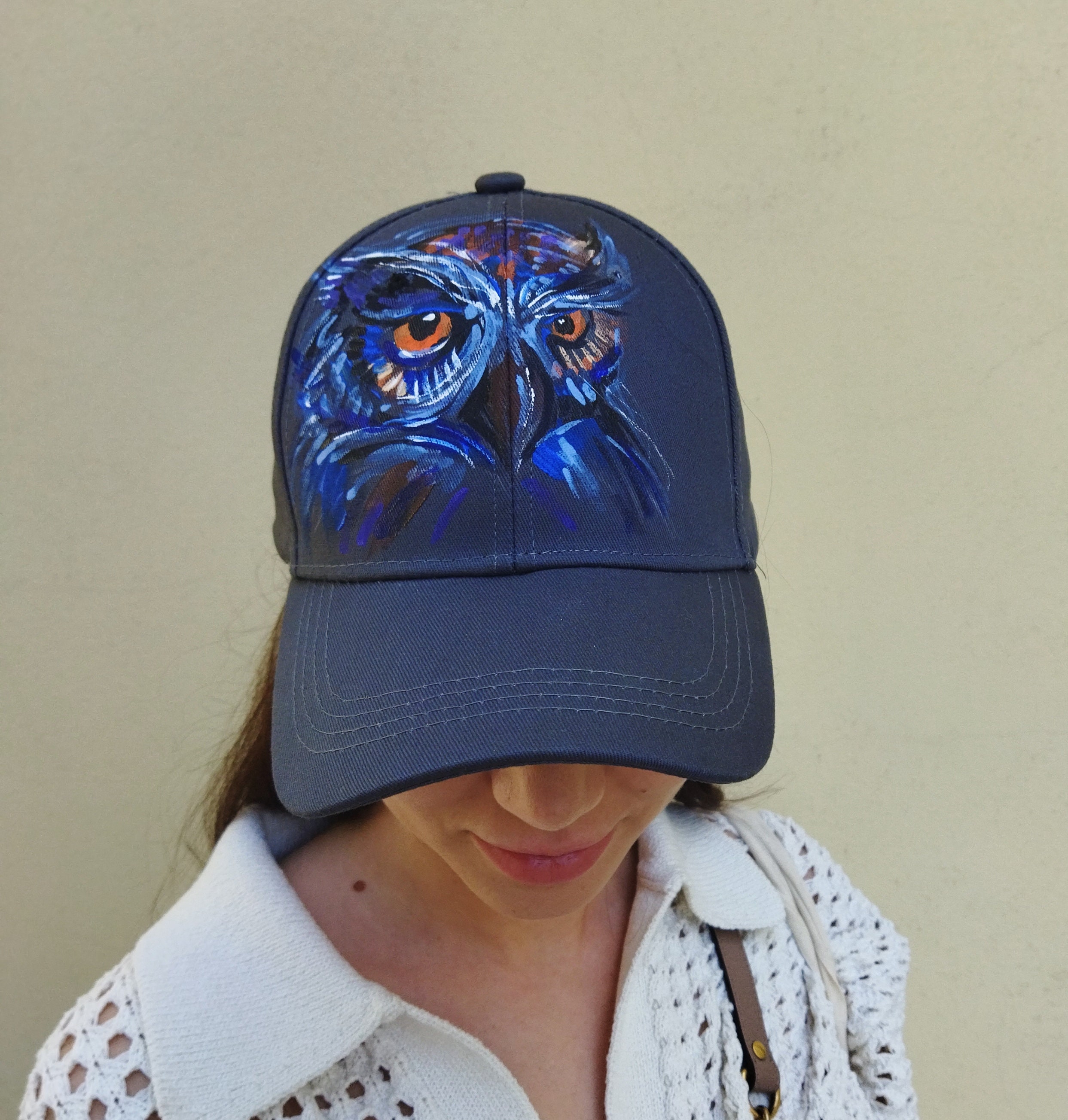Hand painted owl hat Painting bird women's baseball cap Unique gifts for girlfriend CUSTOM