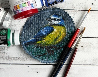 Denim patches birds Hand painted titmouse patch Upcycled jeans for women CUSTOM