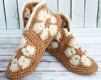 Beige knitted slippers with sole Cosy slippers socks from recycled sweaters Womens slipper boots