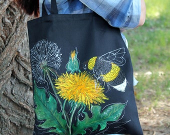 Hand painted bag dandelion Bee reusable grocery bag Cottagecore tote Mori girl fashion gift