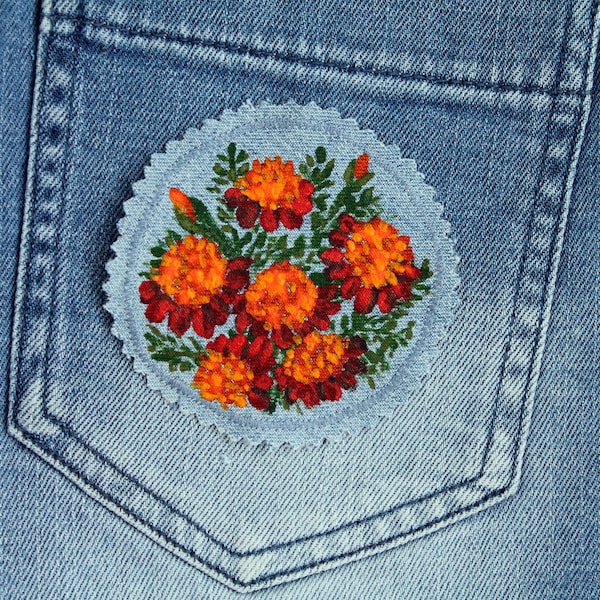 Hand painted marigold patch Denim patches floral Upcycled jeans for women