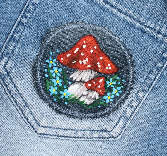 Mushroom Patch Hand Painted Denim Patches Amanita Cottagecore Patch CUSTOM  