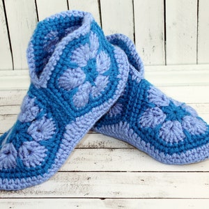 Womens slipper boots Cornflower blue knitted granny square slippers with sole Cosy slippers socks from recycled sweaters