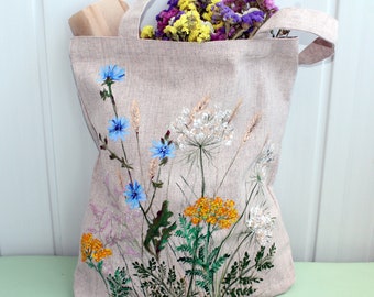 Handmade linen tote bag for women Hand painted wild grass reusable grocery bag Mori girl fashion gift CUSTOM