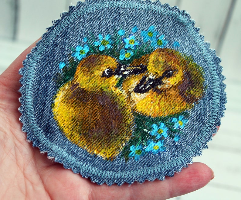 Hand painted duck patch Denim patches birds Upcycled jeans for women