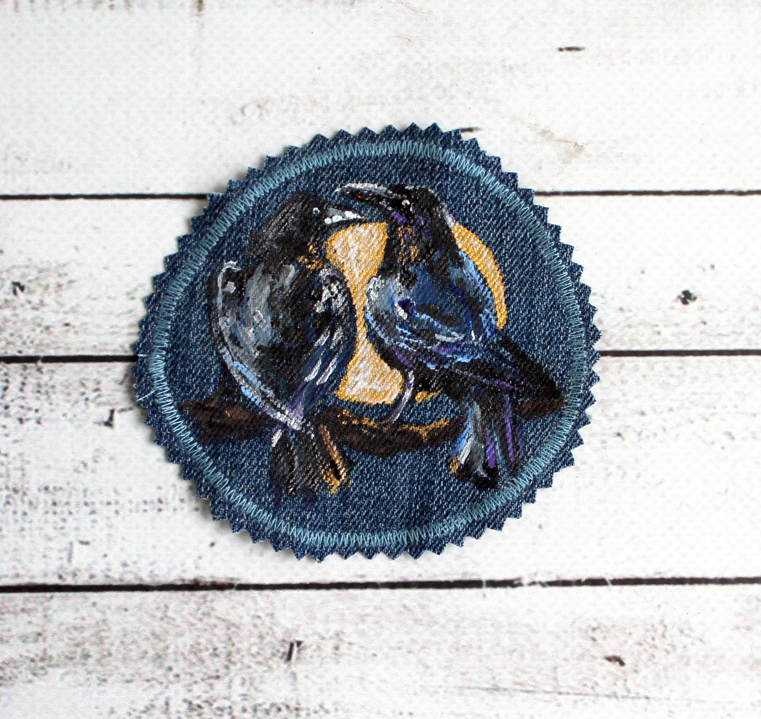 Hand Painted Raven Patch Denim Patches Birds Upcycled Jeans for Women ...
