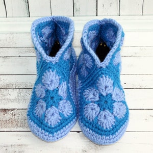 Womens slipper boots Cornflower blue knitted granny square slippers with sole Cosy slippers socks from recycled sweaters