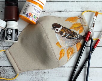 Linen face mask Bird mask Hand painted sparrow face mask