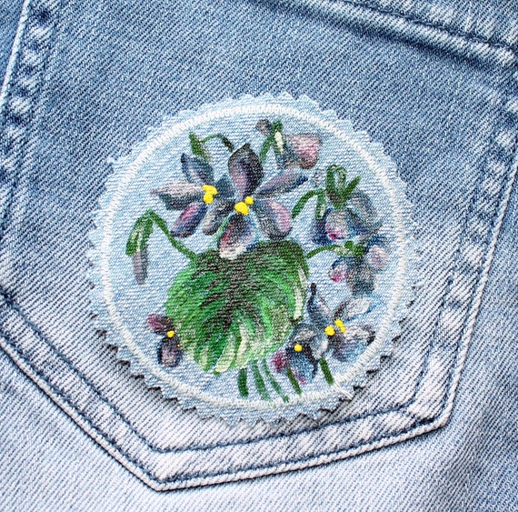 Hand Painted Patch Violet Sew on Denim Patches Floral Upcycled Jeans for  Women 