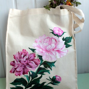 Handmade tote bag canvas for women Hand painted peony reusable grocery bag Mori girl fashion gift CUSTOM image 3