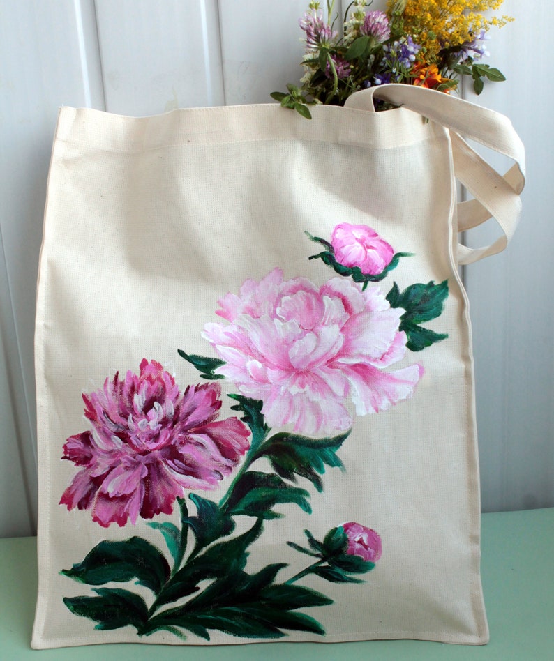 Handmade tote bag canvas for women Hand painted peony reusable grocery bag Mori girl fashion gift CUSTOM image 3