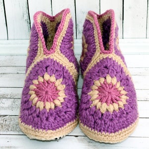 Womens slipper boots Purple knitted granny square slippers with sole Cosy slippers socks from recycled sweaters