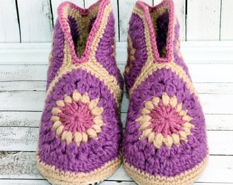 Womens slipper boots Purple knitted granny square slippers with sole Cosy slippers socks from recycled sweaters