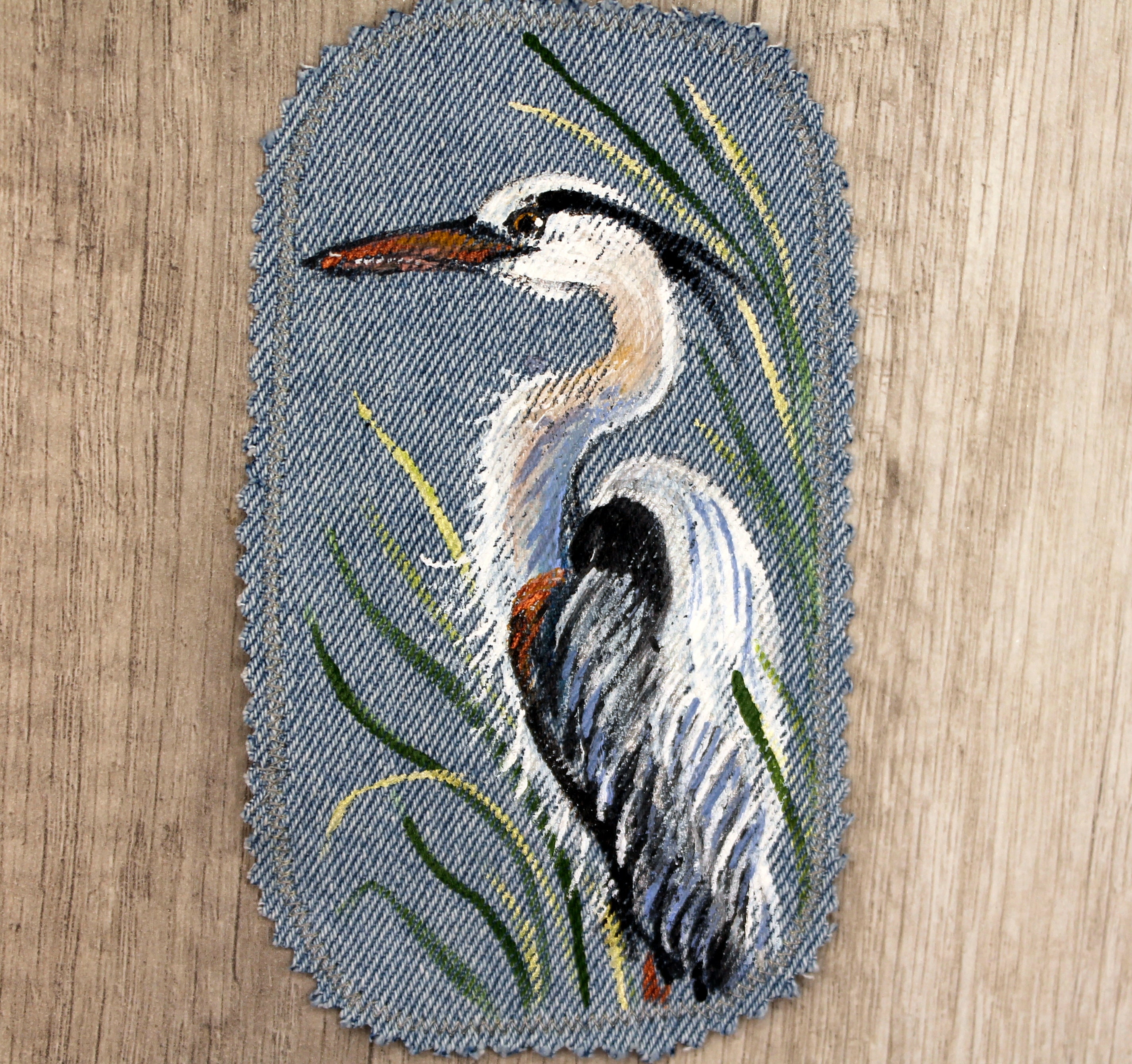 Hand Painted Heron Patch Denim Patches Birds Upcycled Jeans for Women ...