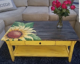 Hand painted refurbished sunflower coffee table. Boho/shabby chic coffee table - This table is SOLD, but can be custom created similarly