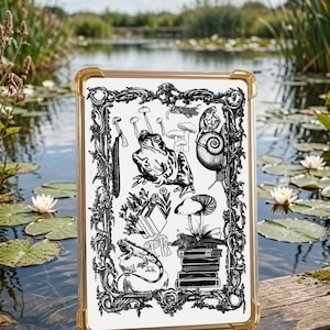 May include: A white framed art print featuring black and white illustrations of a frog, snail, mushrooms, and books. The artwork is set against a backdrop of a serene pond with lily pads and water plants.