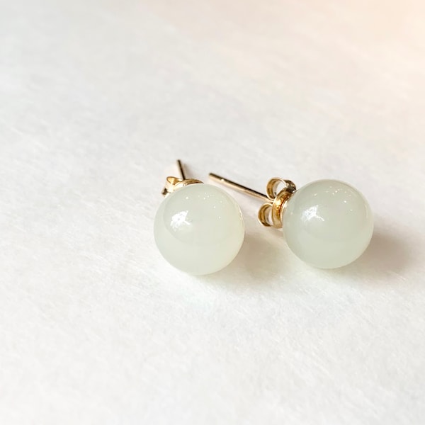 Natural White Nephrite Stud Earrings (9mm) / 14K, 585 /Solid Yellow Gold / Korean Jade / White Stone / Gold Stud Earrings