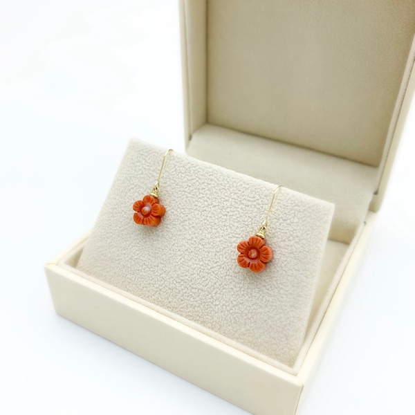 100% REAL Natural Red Coral/ 14K Plum blossom flower Drop earrings /Natural Coral/ 14K Sold yellow gold/ flower earrings/ NO DYE