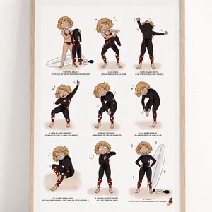 Peut inclure: Une affiche encadrée présentant une bande dessinée en neuf cases d'un personnage blond luttant pour enfiler une combinaison noire avec des manches et des jambes à pois rouges. Les cases montrent le personnage dans divers états d'effort avec du texte.