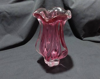 Vintage Bohemian Chribska Pink and Clear Art Glass vase. Heavy bulbus encased art glass vase. Quality Josef Hospodka Art Glass decor.