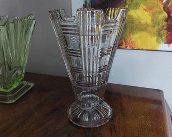 Vintage Art Deco Glass vase. Vintage Glassware. Pressed glass 1930s geometric Vase. Art Deco design and decor.