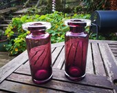 Pair of Mid Century Aubergine Cylinder vases. Hand Crafted European Art Glass vases. Whitefriars style. 1970s Glassware.