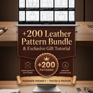 Könnte beinhalten: Ein Laptop-Bildschirm mit einem digitalen Schnittmuster-Portfolio über einem braunen Grafikbanner mit dem Text +200 Leather Pattern Bundle & Exclusive Gift Tutorial, inklusive Symbolen für Schnittmuster und einem Lineal.