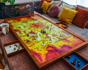 Portable RPG Gaming Table: Black Walnut Dungeon Display with 4K UHD TV & Dice Trays