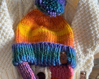 Chunky rainbow baby hat with ear covering
