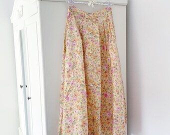 UK68 LAURA ASHLEY Vintage 80/'s Lalique Green Rose Blush Floral Cotton Pleat Skirt Label UK10