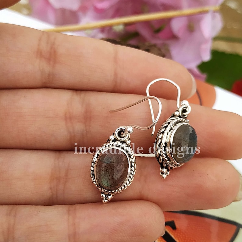 Solid 925 Sterling Silver Dangle Earring Blue Fire Stone Earring- Labradorite Earring Hook Earring Drop Earring Tiny Jewelry For Her