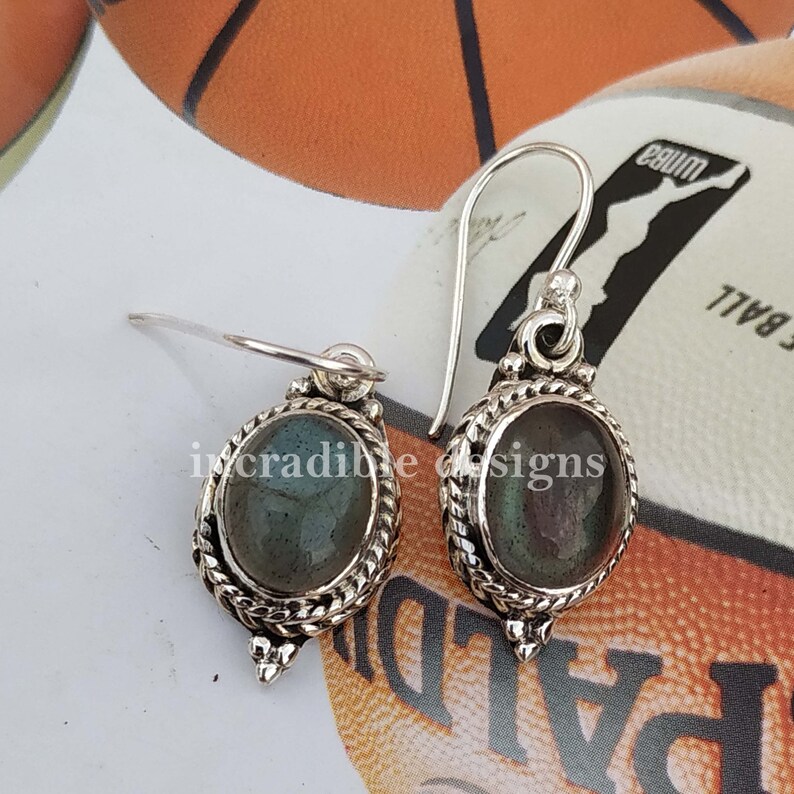 Solid 925 Sterling Silver Dangle Earring Blue Fire Stone Earring- Labradorite Earring Hook Earring Drop Earring Tiny Jewelry For Her