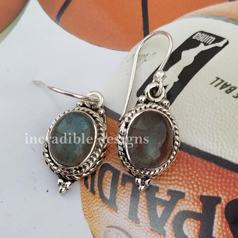 Solid 925 Sterling Silver Dangle Earring Blue Fire Stone Earring- Labradorite Earring Hook Earring Drop Earring Tiny Jewelry For Her