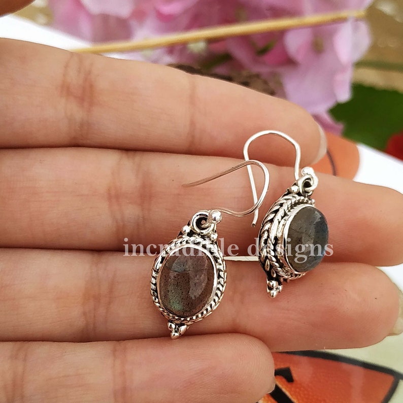 Solid 925 Sterling Silver Dangle Earring Blue Fire Stone Earring- Labradorite Earring Hook Earring Drop Earring Tiny Jewelry For Her