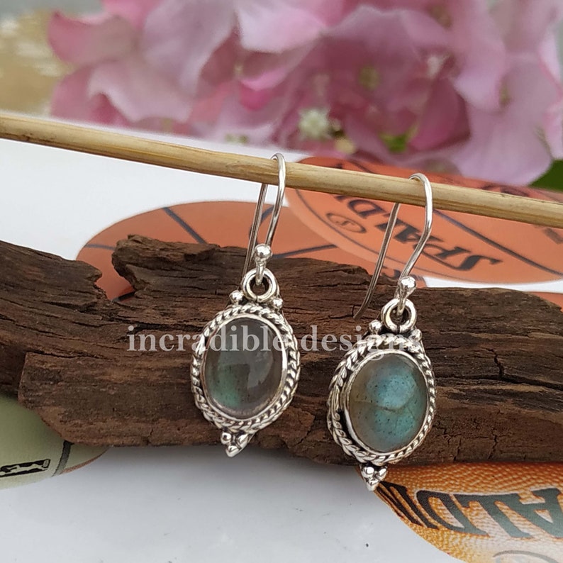 Solid 925 Sterling Silver Dangle Earring Blue Fire Stone Earring- Labradorite Earring Hook Earring Drop Earring Tiny Jewelry For Her